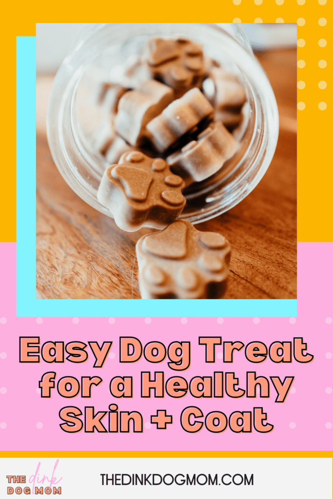 Pin with picture of paw print shaped dog treats for easy dog treat recipe for a healthy skin and coat.
