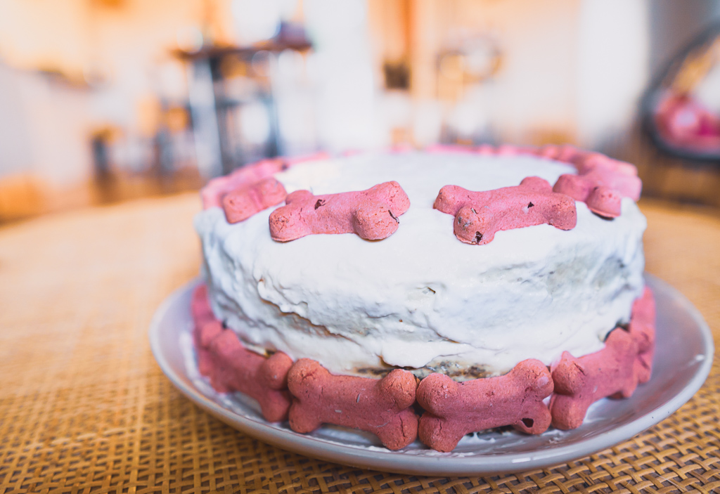 A  dog friendly birthday cake with white icing and pink dog bones