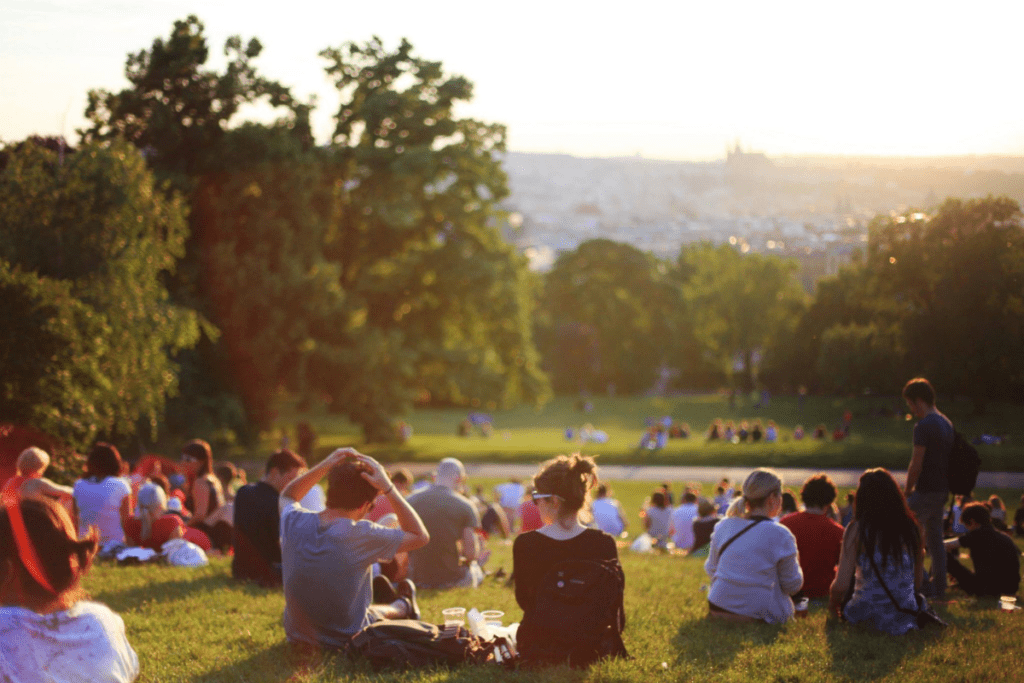 People siting outside in the grass for a concert